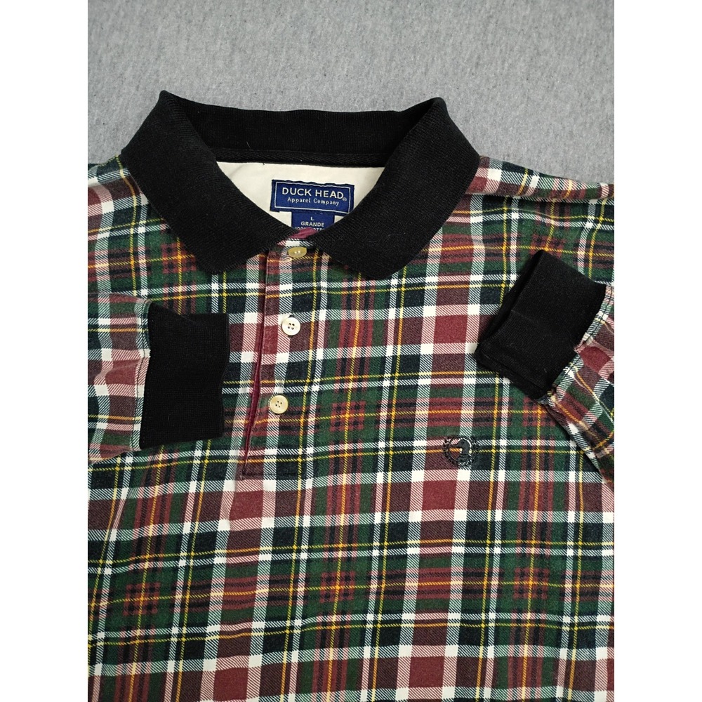 Duck Head Mens Long Sleeve Plaid Polo Shirt Green Red Large 100% Cotton - Picture 4 of 6